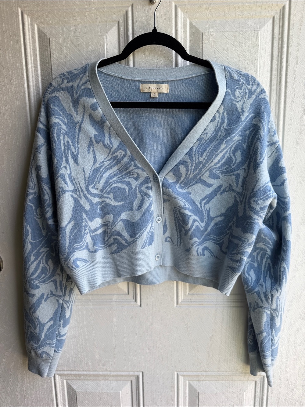 L.A. Hearts Light Blue Marble Swirl Retro V-Neck Cropped Cardigan Size Small